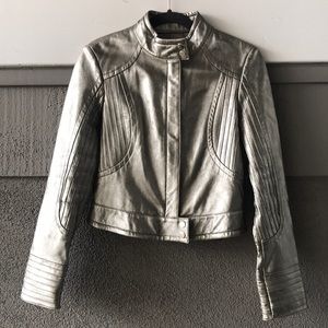 Silver soft GENUINE LEATHER JACKET coat moto METAL